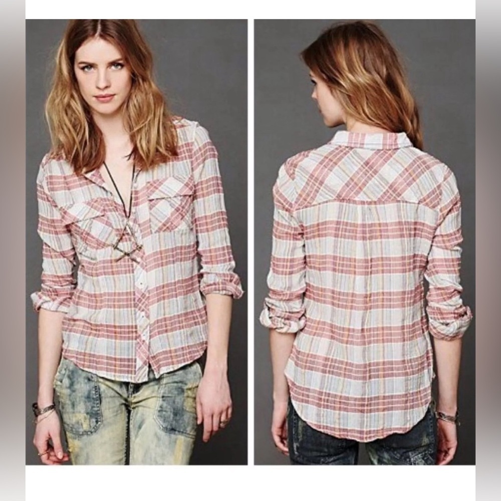 Free People We the Free Plaid Crepe Crinkle Boho Flannel Med Button Down Shirt​